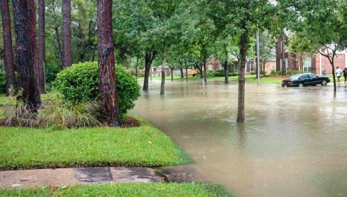 Houston, Texas suburban street flooded by hurricane Harvey